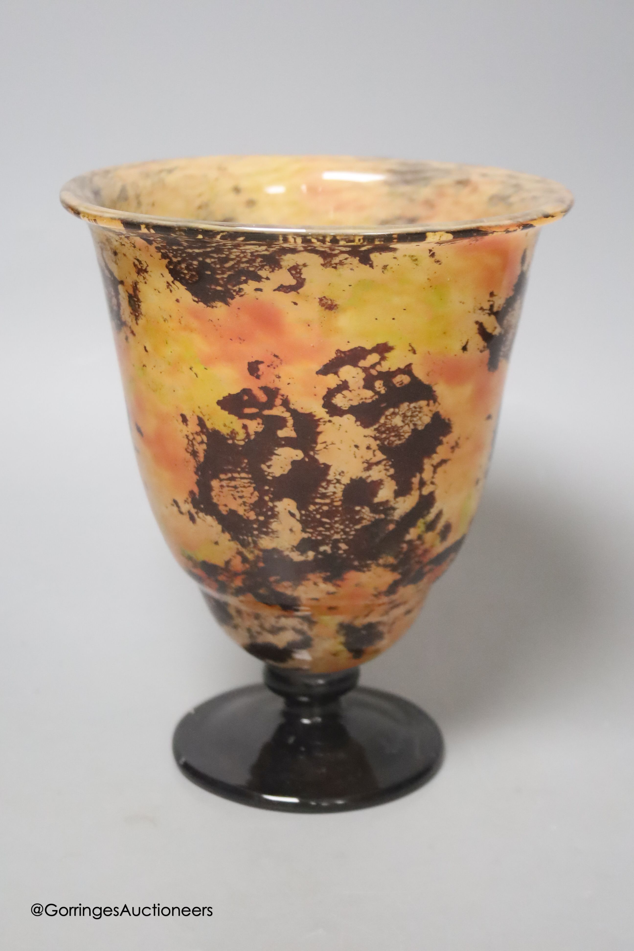 A Schneider multi-coloured pedestal glass vase, signed to base, height 19cm